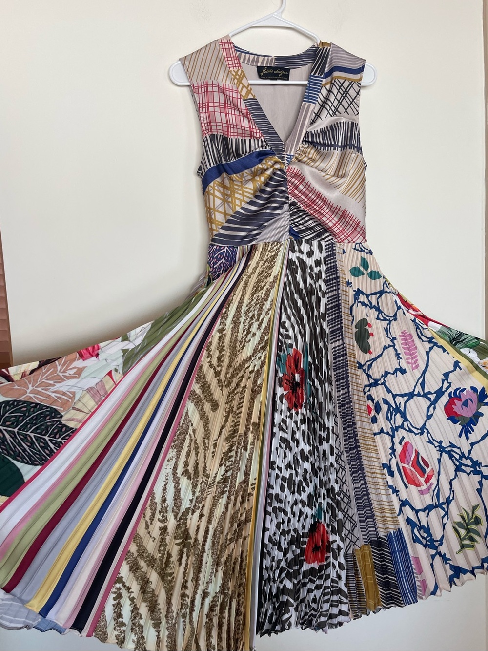 Anthropologie Geisha Designs Jacinta Pleated Satin Patchwork Print Midi Size 4 - Picture 2 of 11